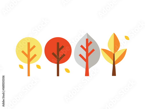 Four stylized trees with falling leaves in autumnal colors