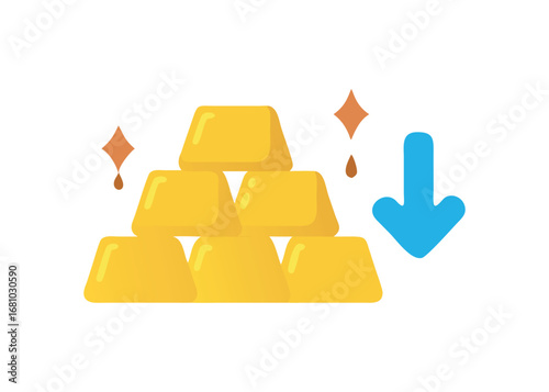 Gold bars stack with downward arrow and sparkle effect