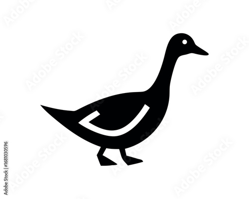 Simple black silhouette of a goose with white eye on transparent background