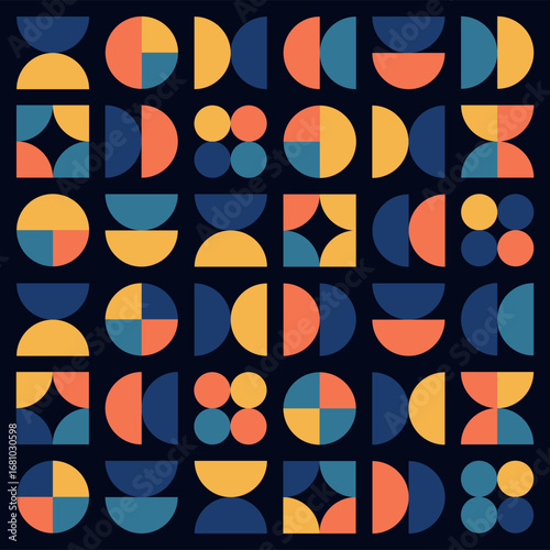 Colorful Bauhaus Geometric Pattern with Circular and Abstract Forms. Abstract Colorful Geometric Pattern with Symmetric Circles