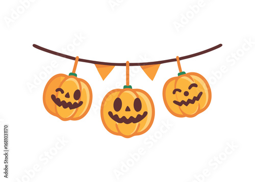 Festive carved pumpkins on a string with triangular pennants for Halloween celebration