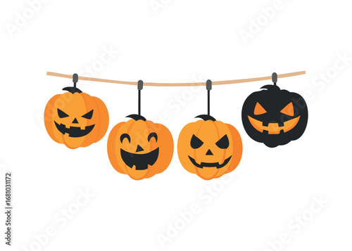 Four jack-o-lanterns hanging on a string for Halloween