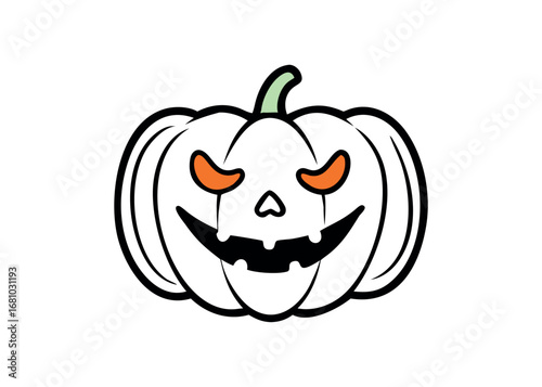 Spooky smiling pumpkin character with glowing orange eyes and crooked mouth