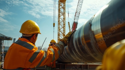 Construction workers installing large pipes at urban construction site industrial environment daytime activity close-up view for infrastructure development