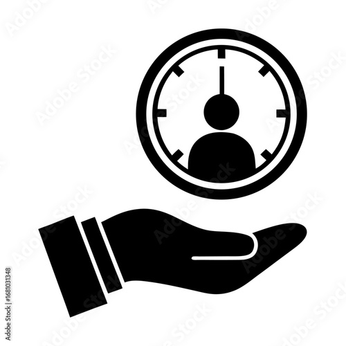 A hand holding a clock with a person icon in the center