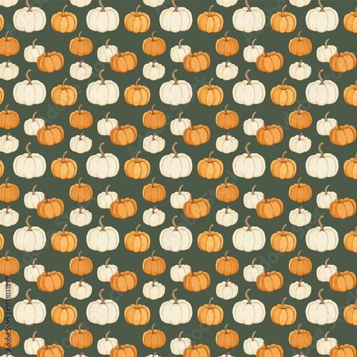 Seamless autumn pumpkin pattern in a modern flat illustration style, featuring muted orange and sage green tones with an elegant repeating layout, ideal for seasonal fabric, wallpaper, and decorative.