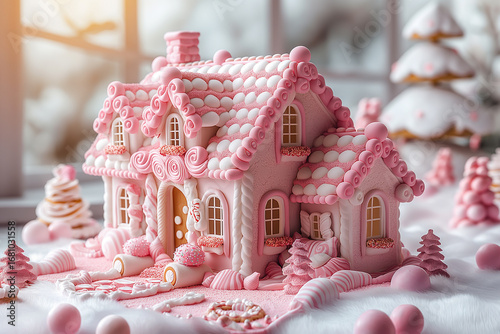 pink gingerbread family house make out of cookies 