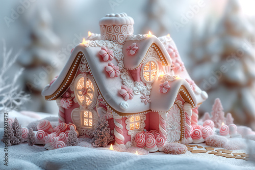 pink gingerbread house with icing as rooftop and candy cone decoration