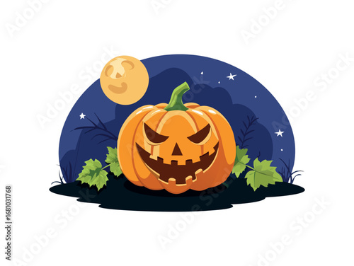 Spooky carved pumpkin with glowing eyes under a full moon and starry night sky