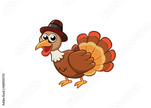 Cute cartoon turkey wearing a pilgrim hat on transparent background