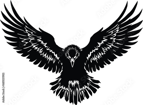 Flying raven silhouette with spread wings and extended claws, black vector symbol of strength, mystery and wild nature