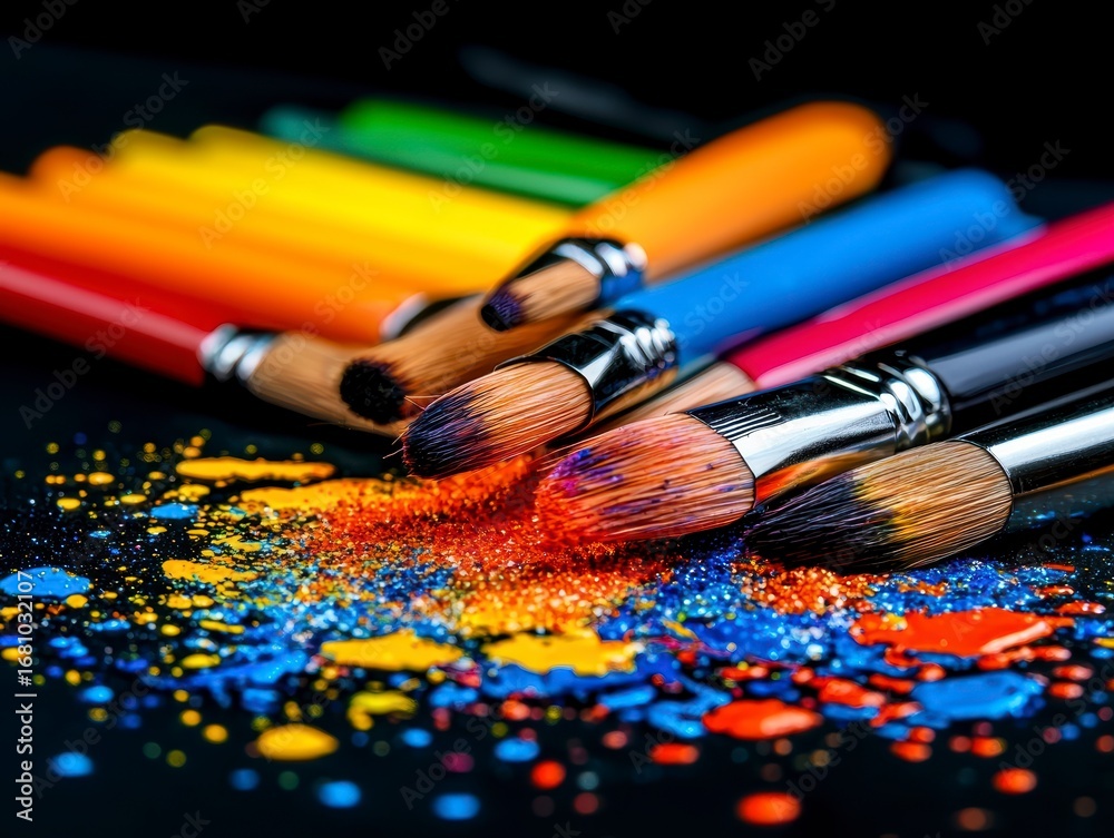 Obraz premium Colorful Paint Brushes and Splashes on Black Background
