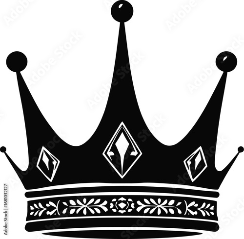 Elegant black crown vector with floral and diamond details, royal symbol of authority, prestige and decorative design