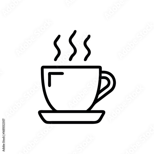 A simple black line art icon of a steaming cup of coffee on a saucer