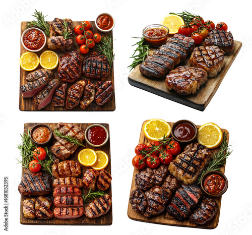 Assorted Grilled Meat Dishes on Wooden Platters with Fresh Herbs and Sauce