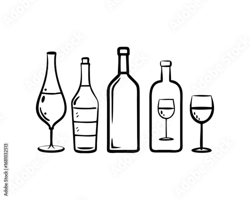 Line Art Collection of Assorted Bottles and Wine Glasses