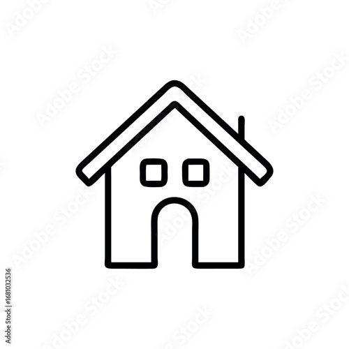 Simple line drawing of a house with an arched doorway and square windows