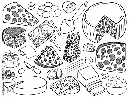 Cheese set. Hand drawn different kinds of cheese sketches. Set of parmesan piece, blue cheese, cheddar, gouda, Brie, ricotta, mozzarella