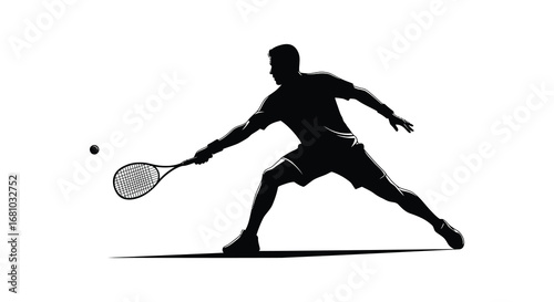 Man playing tennis in dynamic motion with racket and ball in silhouette