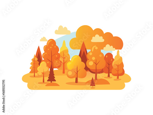 Stylized autumnal forest scene with vibrant orange trees and clouds