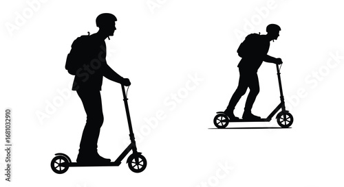 Man riding electric scooter in different positions on white background silhouette