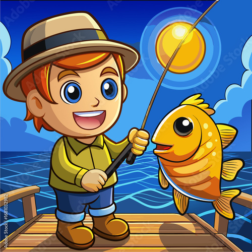 Cheerful fisherman catching a glowing golden fish
