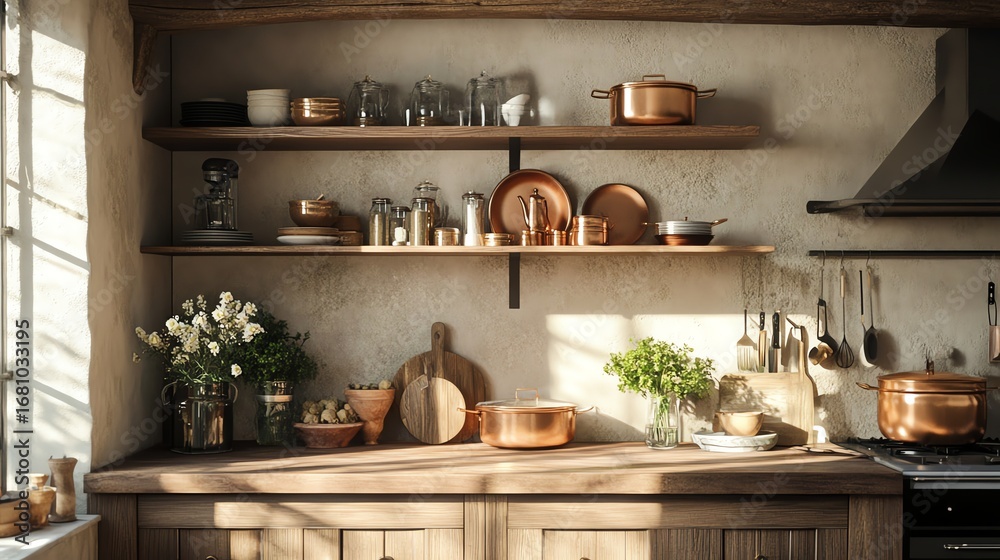 custom made wallpaper toronto digitalExperience the charm of a rustic farmhouse kitchen featuring wooden beams, open shelving, and copper pots bathed in warm daylight.