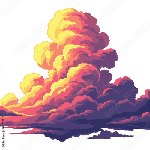 A dramatic and epic painting of a massive cloud formation illuminated by a vibrant sunset or sunrise from below vector illustration