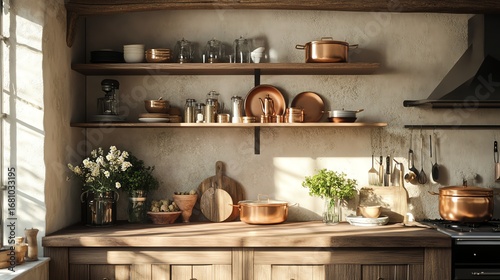 Wallpaper Mural Experience the charm of a rustic farmhouse kitchen featuring wooden beams, open shelving, and copper pots bathed in warm daylight. Torontodigital.ca