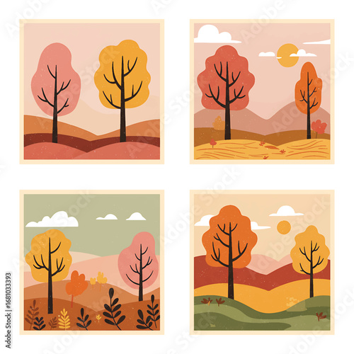 Collection of four minimalist autumn landscapes with stylized trees and rolling hills in a warm, earthy color palette vector illustration