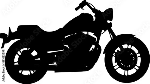 Stylized motorcycle silhouette, profile view, flat black solid shape, logo-ready design.
