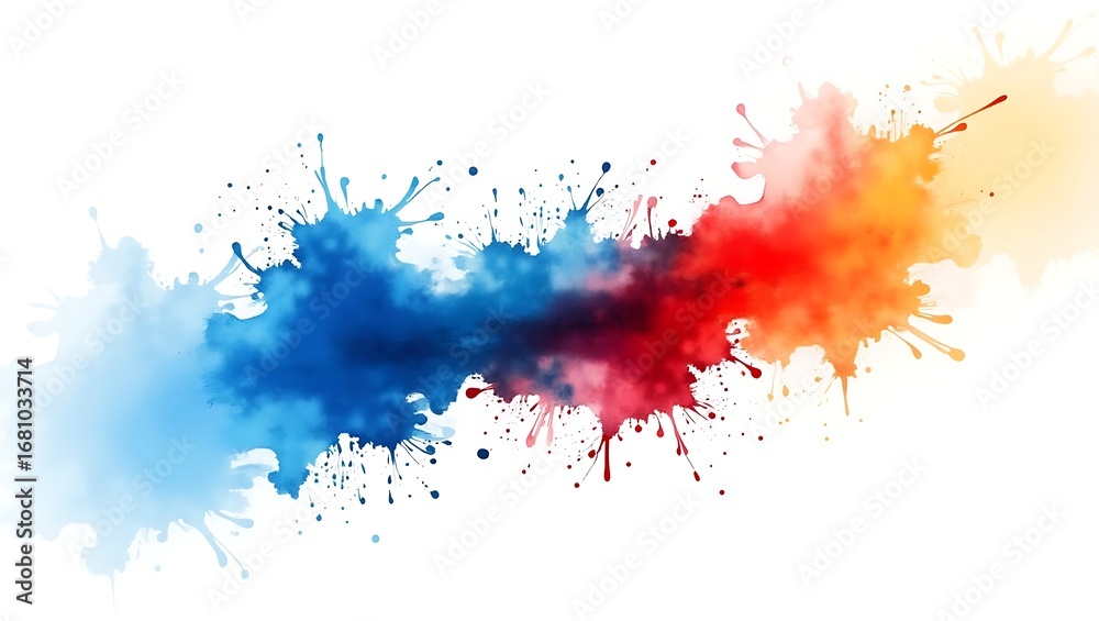 Fototapeta premium Explosion of vibrant watercolor paint splatters in blue red and orange