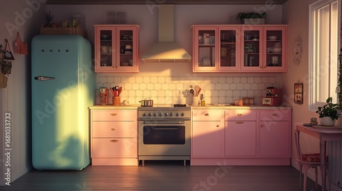 A cozy small kitchen featuring pastel cabinets and a vintage fridge, bathed in warm evening light for a welcoming atmosphere.