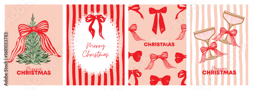 Merry Christmas and Happy New Year greeting card Set. Modern beautiful Xmas design with Christmas tree with red bow, candy cane and bows pattern, typography design. Minimal art banner, poster, cover