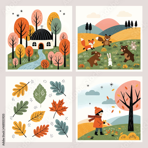 A charming collection of six autumn scenes including a cozy cottage, playing animals, and seasonal foliage vector illustration