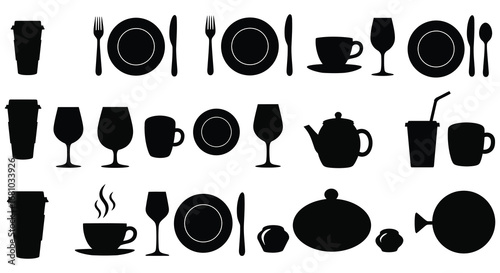 Collection of black silhouettes of various dinnerware and tableware items on white background