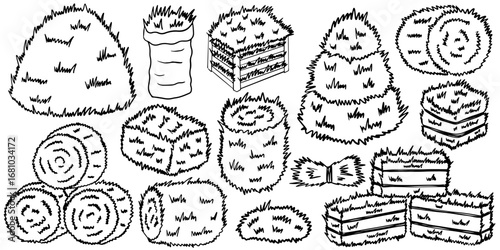Set of haystack, bag of hay and hay. Hand drawn sketch different kinds of haystacks set