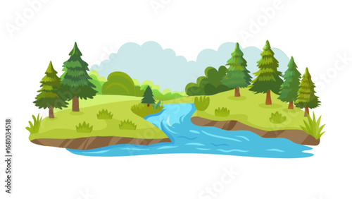 Cartoon landscape vector illustration with river, trees, and hills for graphic design and backgrounds use