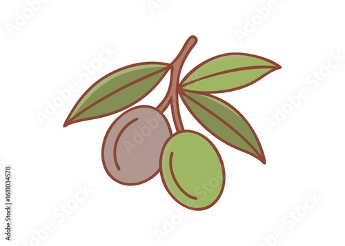 Stylized Olive Branch with Two Fruits and Green Leaves