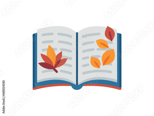 Open book with autumn leaves falling on pages