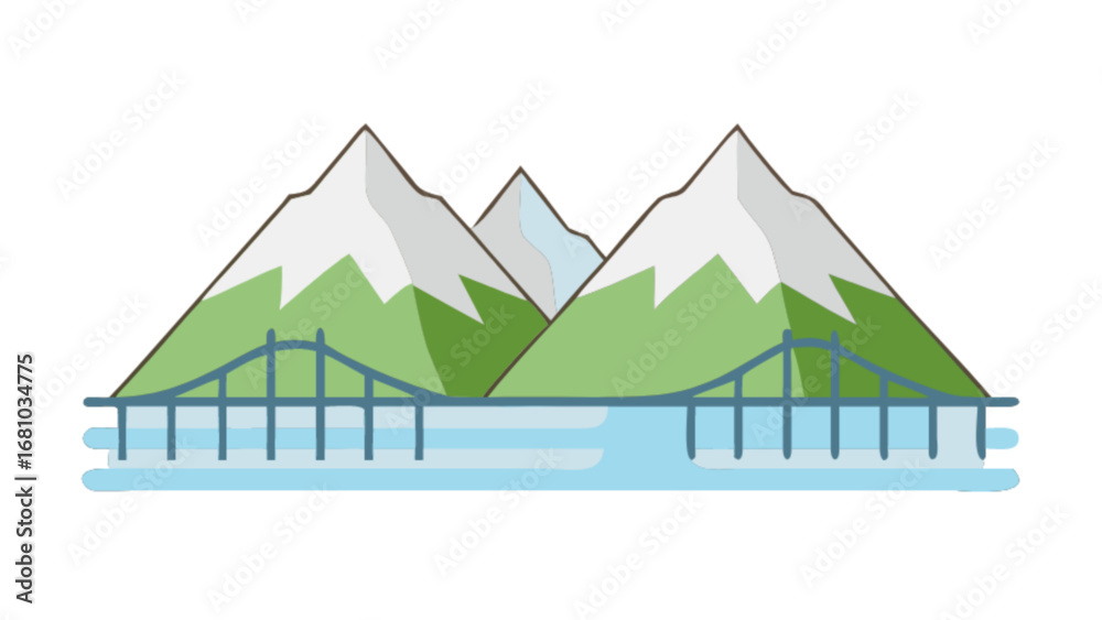 Naklejka premium Scenic mountain landscape with bridge over water vector illustration for travel and tourism designs and backgrounds