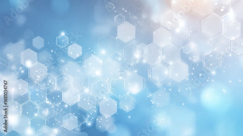 Blue pastel medical and tech background with hexagon pattern and bright sparkles. Realistic vector abstract bg with honeycomb geometric cell texture for medicine and science technology design.