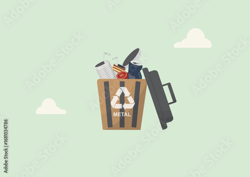 Metal Recycling Bin. Recycling container labeled "METAL" filled with aluminum cans, metal objects and cookware. Metal waste concept. Recycle metal. Waste management. Flat style. Vector illustration