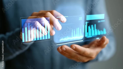 Data Analysts Monitors Real-Time KPIs on Business Intelligence Dashboard, Viewing Charts, Graphs, and KPI Widgets in Modern Workspace