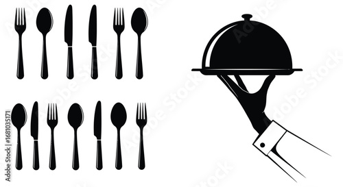 Black silhouettes of cutlery and a covered dish being served