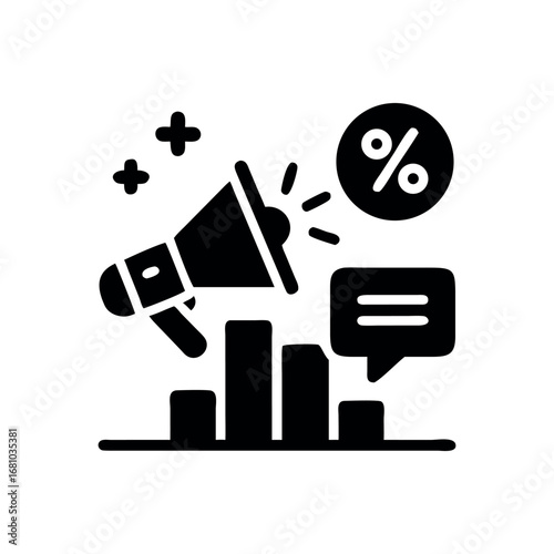 Megaphone announces sales growth with speech bubble and percentage symbol icons
