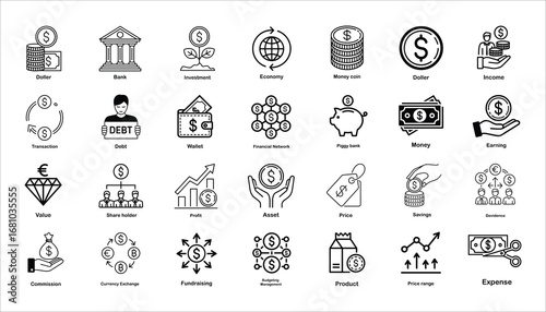 Finance and Banking Vector Icons Money, Investment, Wallet, Profit, Economy, Debt, Transaction