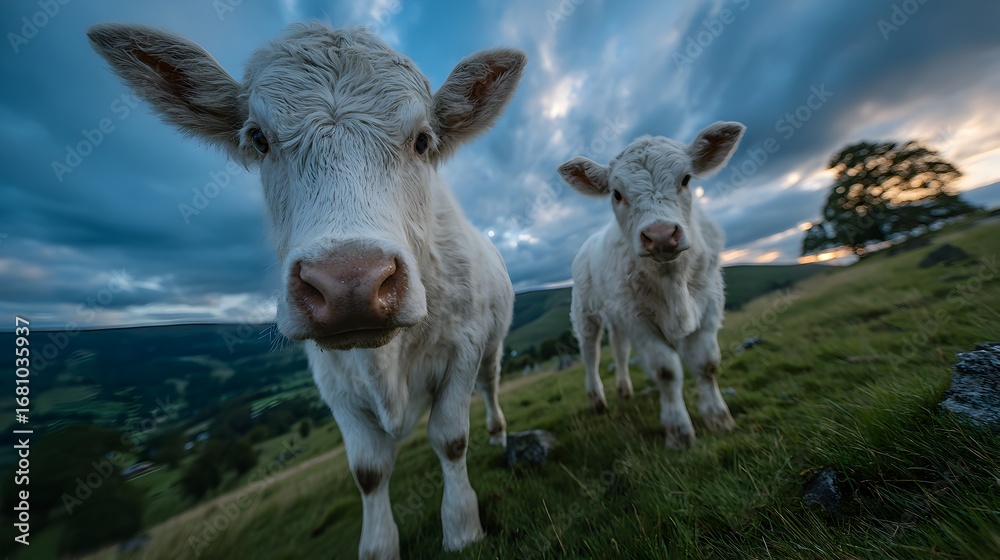 Obraz premium Two white cows curiously graze on a grassy hillside beneath a dramatic twilight sky in the countryside.