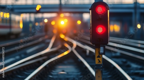Signal change train tracks at dusk railway station photograph urban setting close-up view transportation safety concept