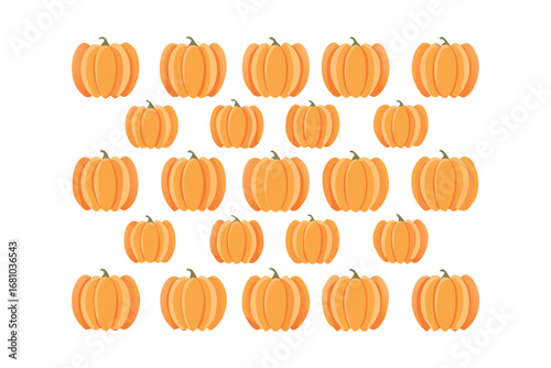 Group of orange pumpkins with green stems arranged on a transparent background